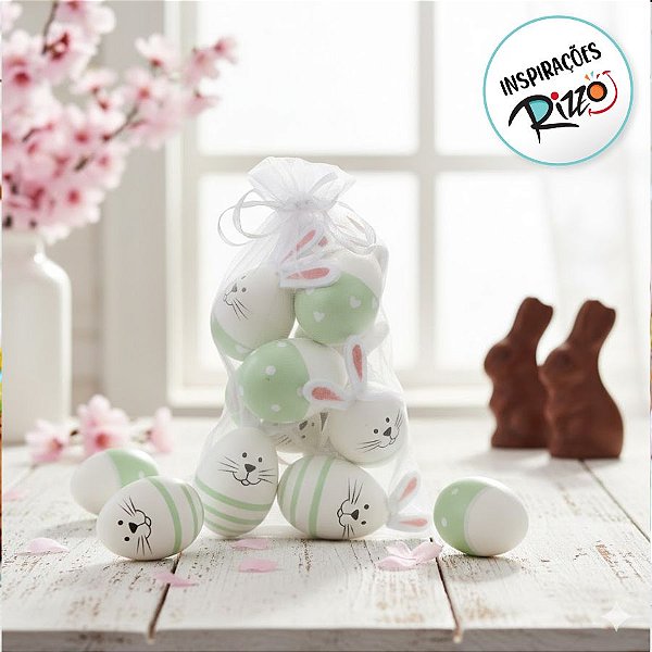 Saco de Ovinhos de Páscoa Decorativos para Pendurar - Branco e Verde - 6x3,5cm - 9 unidades - Cromus - Rizzo