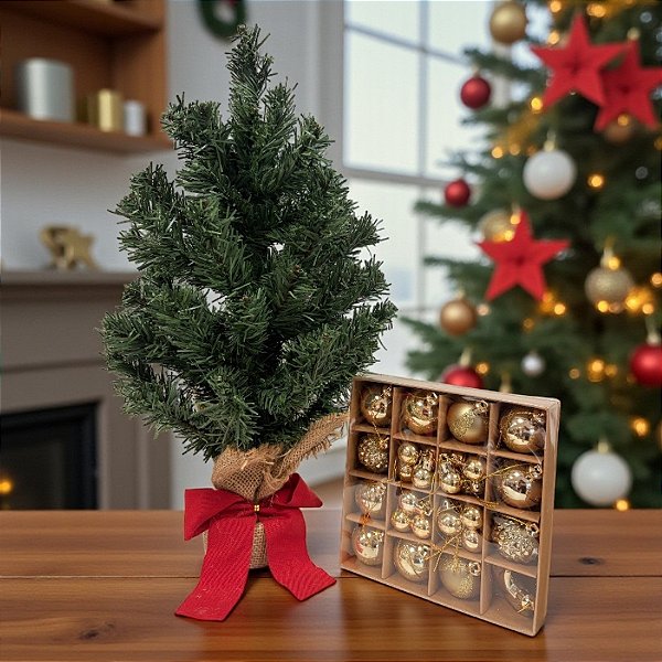 Kit Árvore De Natal Com Pinheiro e Bolinhas Douradas - 45cm - 1 unidade - Cromus - Rizzo