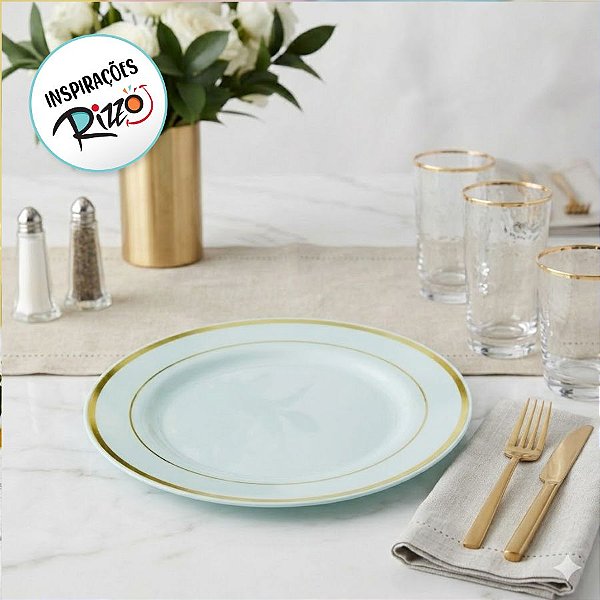 Prato Descartável Raso Redondo Premium Listras Douradas - 26cm - 6 unidades - Rizzo