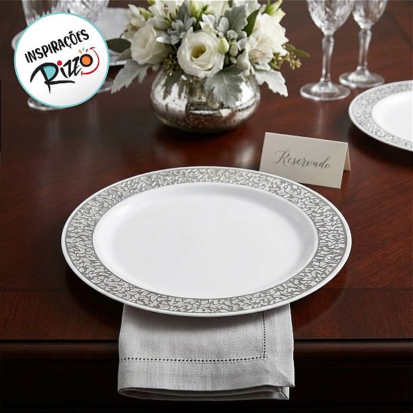 Prato Descartável Raso Redondo Premium Prata - 26cm - 6 unidades - Rizzo