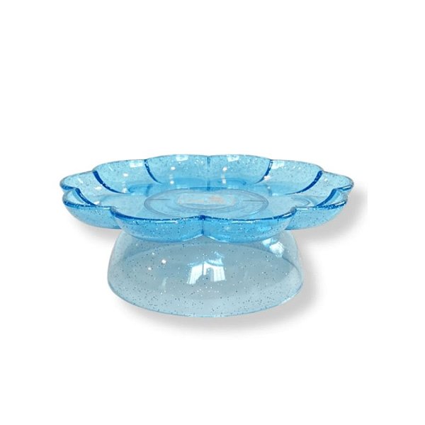 Bandeja  Flower Com Pé - 180mm - Transparente Azul Bebê Com Glitter - 1 unidade - Só Boleiras - Rizzo