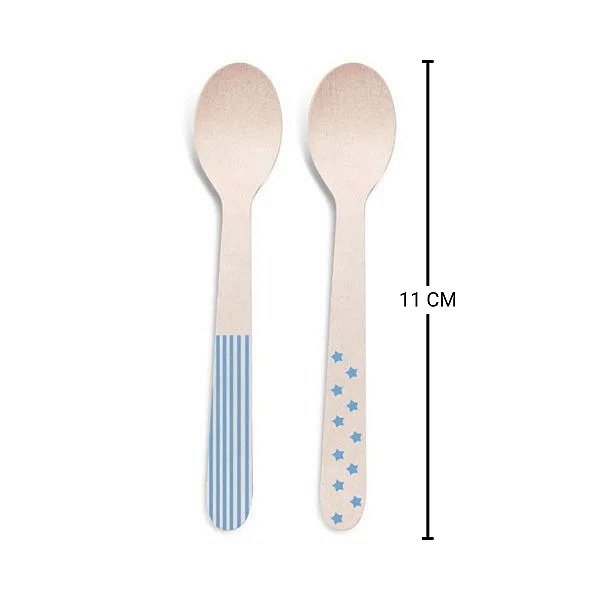 Colherzinha de Madeira Decorada Azul - 11cm - 08 unidades - Cromus - Rizzo Festas