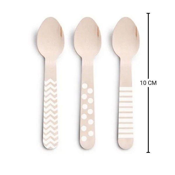 Colher de Madeira Decorada Branco - 11cm - 08 unidades - Cromus - Rizzo Festas