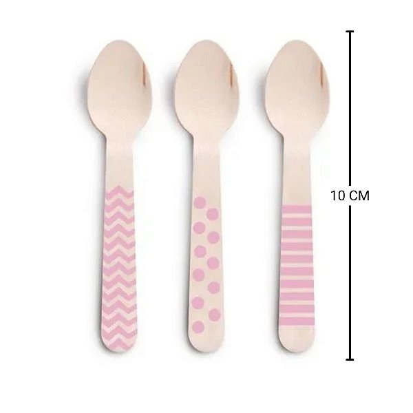 Colher de Madeira Decorada Rosa - 11cm - 08 unidades - Cromus - Rizzo Festas