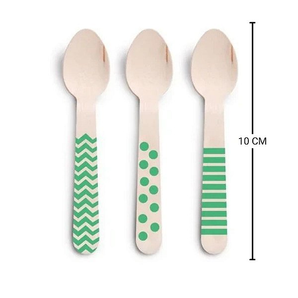 Colher de Madeira Decorada Verde - 11cm - 08 unidades - Cromus - Rizzo Festas