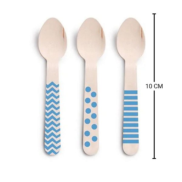 Colher de Madeira Decorada Azul - 11cm - 08 unidades - Cromus - Rizzo Festas