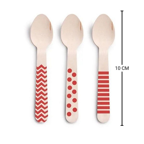 Colher de Madeira Decorada Vermelho - 11cm - 08 unidades - Cromus - Rizzo Festas