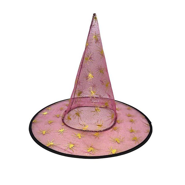 Chapéu de Bruxa Transparente Rosa - Aranha Dourada - Halloween - 1 unidade - Rizzo