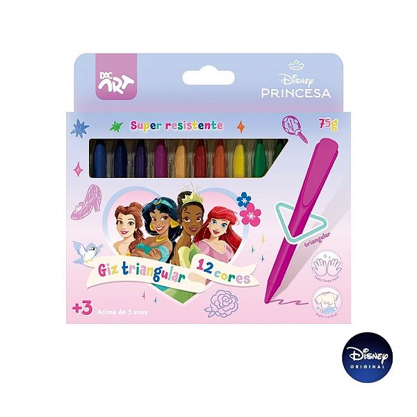 Giz de Cera Triangular Princesas 12 Cores - Ref. 4741 - Disney Original - 12 unidades - DAC Art - Rizzo