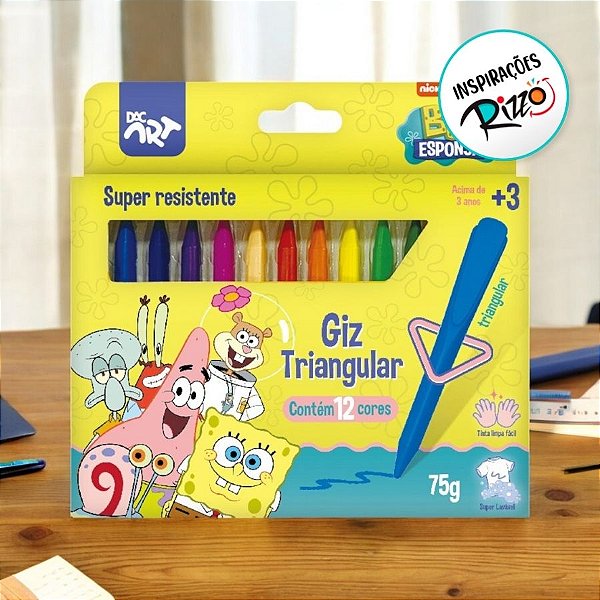 Giz de Cera Triangular Bob Esponja 12 Cores - Ref. 4739 - 12 unidades - DAC Art - Rizzo