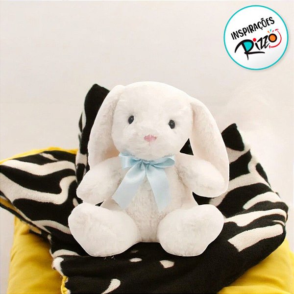 Coelho de Pelúcia Branco com Laço Azul - 25cm - 1 unidade - Cromus - Rizzo