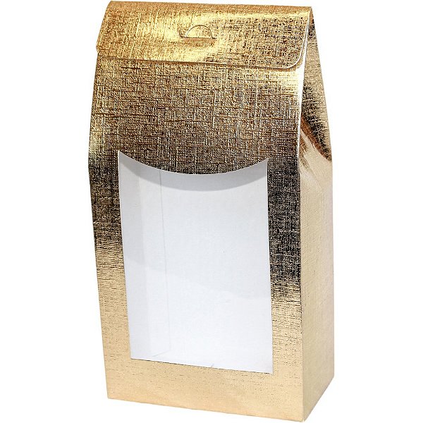 Caixa Sacolinha com Visor P (7,5cm x 19m x 6cm) Dourada 10 unidades Assk Rizzo Embalagens