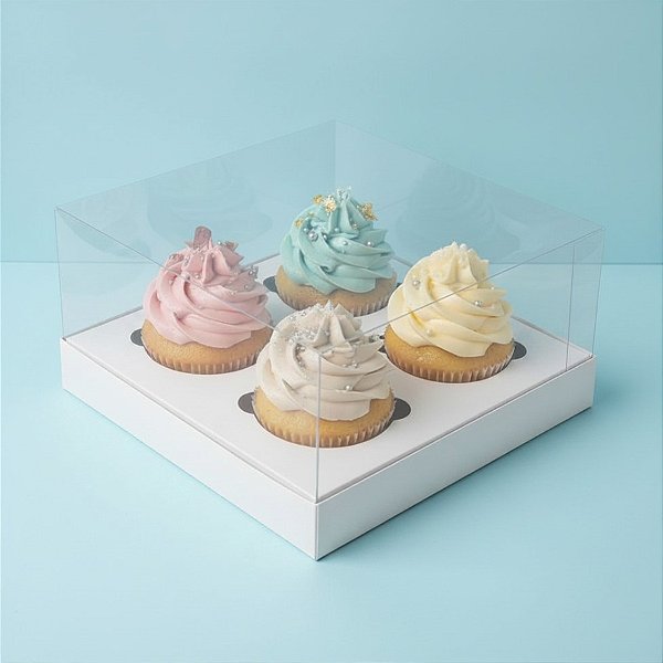 Caixa Cupcake com Tampa Transparente 4 Cavidades (17cm x 17cm x 8,5cm) Branca - 10 unidades - Assk - Rizzo