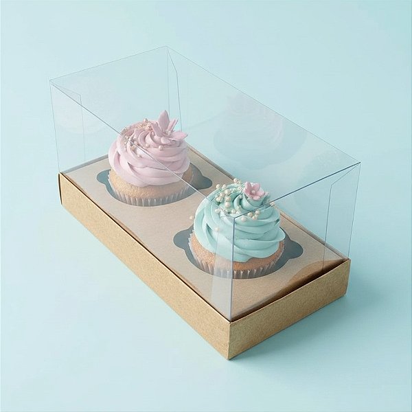 Caixa Cupcake com Tampa Transparente 2 Cavidades (17cm x 9cm x 8,5cm) Kraft - 10 unidades - Assk - Rizzo