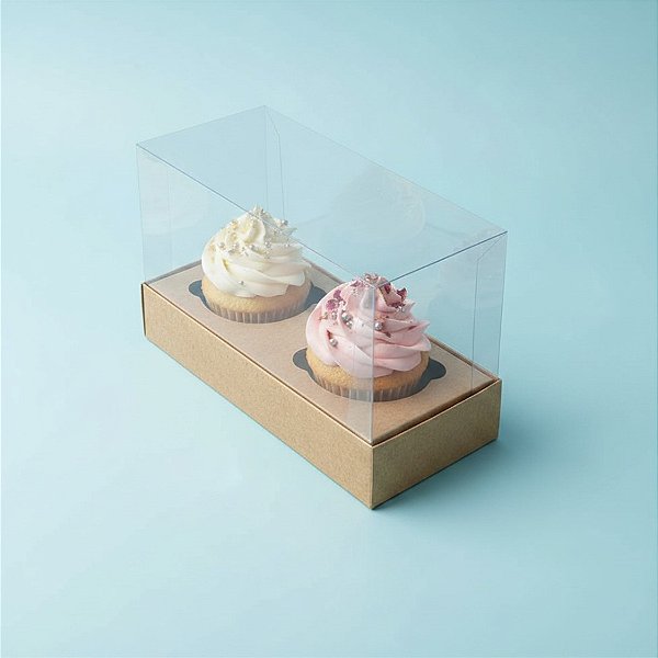 Caixa Mini Cupcake com Tampa Transparente 2 Cavidades (11cm x 9cm x 5,5cm) Kraft - 10 unidades - Assk - Rizzo