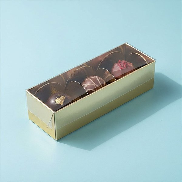 Caixa 3 Doces com Tampa Transparente Nº 3 (12cm x 4,5cm x 3,5cm) Dourada - 10 unidades - Assk - Rizzo