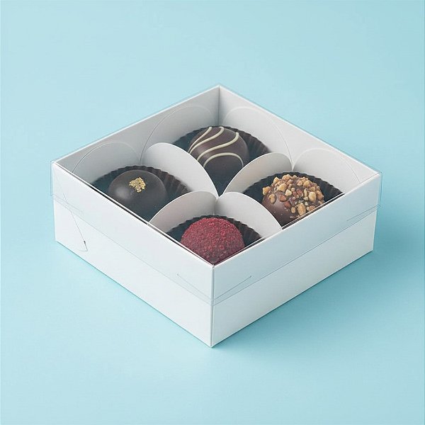 Caixa 4 Doces com Tampa Transparente Nº 4 (8,5cm x 8,5cm x 3,5cm) Branca - 10 unidades - Assk - Rizzo