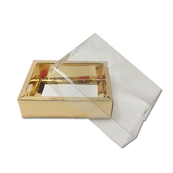 Caixa com Tampa Transparente PVC Nº 5 (9cm x 12cm x 4cm) Dourada 10 unidades Assk Rizzo Embalagens