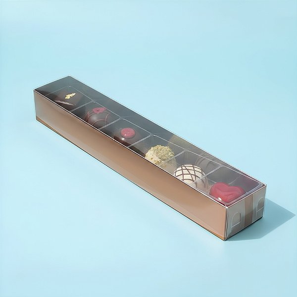 Caixa 6 Doces com Berço Tampa Transparente Nº 4 (23cm x 4cm x 3cm) Bronze 10 unidades Assk Rizzo Embalagens