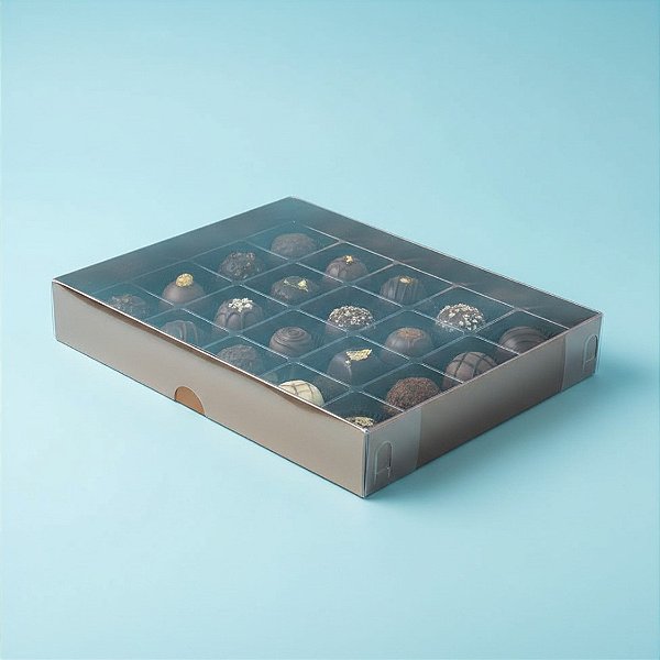 Caixa 20 Doces com Berço Tampa Transparente Nº 1 (19,5cm x 15,5cm x 3cm) Bronze 10 unidades Assk Rizzo Embalagens
