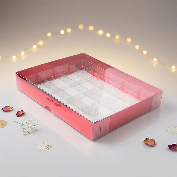 Caixa 20 Doces com Berço Tampa Transparente Nº 1 (19,5cm x 15,5cm x 3cm) Vermelha 10 unidades Assk Rizzo Embalagens