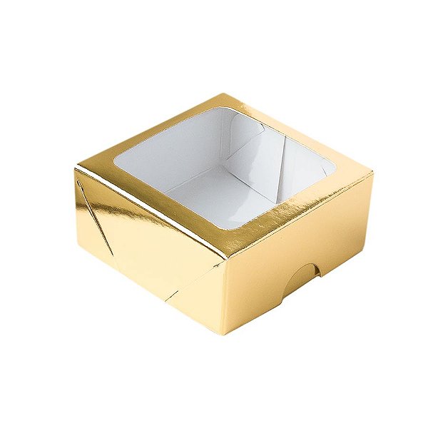 Caixa de Papel com Visor S16 (7cm x 7cm x 3cm) Dourada 10 unidades Assk Rizzo Confeitaria