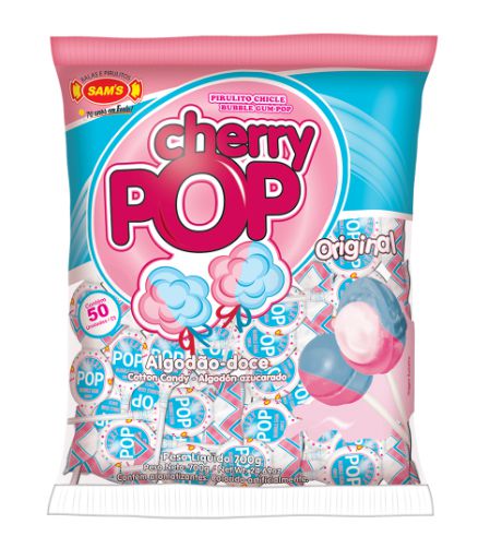 Pirulito Cherry Pop Algodao-Doce 700g 50 unidades - Sams Doces - Rizzo Embalagens