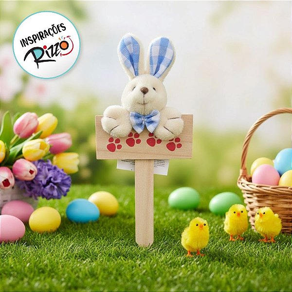 Mini Placa Patinhas Coelho de Páscoa com Laço Azul - 18cm - 1 unidade - Rizzo