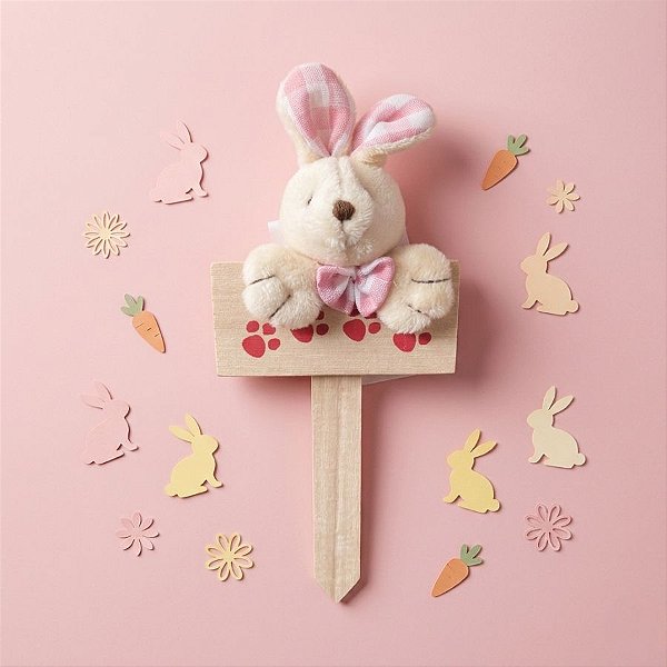 Mini Placa Patinhas Coelho de Páscoa com Laço Rosa - 18cm - 1 unidade - Rizzo