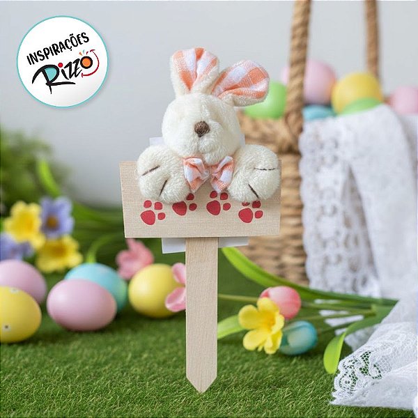 Mini Placa Patinhas Coelho de Páscoa com Laço laranja - 18cm - 1 unidade - Rizzo