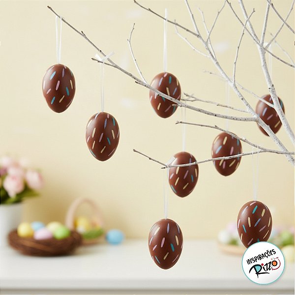 Ovinhos de Páscoa Decorativos para Pendurar - Marrom Com Respingos Coloridos - 6cm - 9 unidades - Cromus - Rizzo