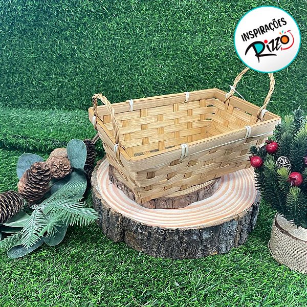 Cesta Decorativa de Bambu Retangular com alça - Bambu - 22cm - 1 unidade - Cromus - Rizzo