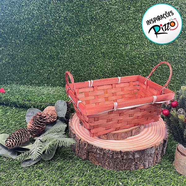 Cesta Decorativa de Bambu Retangular com alça - Vermelho - 22cm - 1 unidade - Cromus - Rizzo