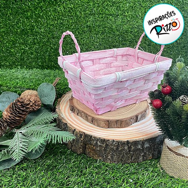 Cesta Decorativa de Bambu Retangular com alça - Rosa - 18cm - 1 unidade - Cromus - Rizzo