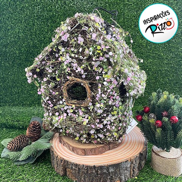 Enfeite para Pendurar Rústico - Casa de Passarinho de Folhas Coloridas - 27cm - 1 unidade - Cromus - Rizzo