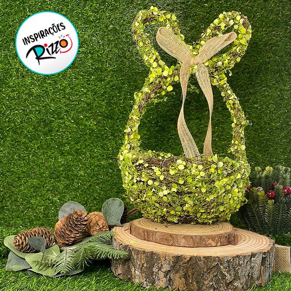 Enfeite Decorativo de Páscoa - Cesta Rústico Orelha de Coelho Folhas Verde - 32cm - 1 unidade - Cromus - Rizzo