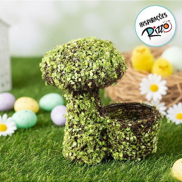 Enfeite Decorativo Rústico - Cesta com Cogumelo e Folhas Verdes - 26cm - 1 unidade - Cromus - Rizzo