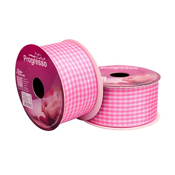 Fita de Cetim 10m x 38mm - Cor 240 - Xadrez Rosa Escuro - Rolo 10 metros  - 1 unidade - Progresso - Rizzo