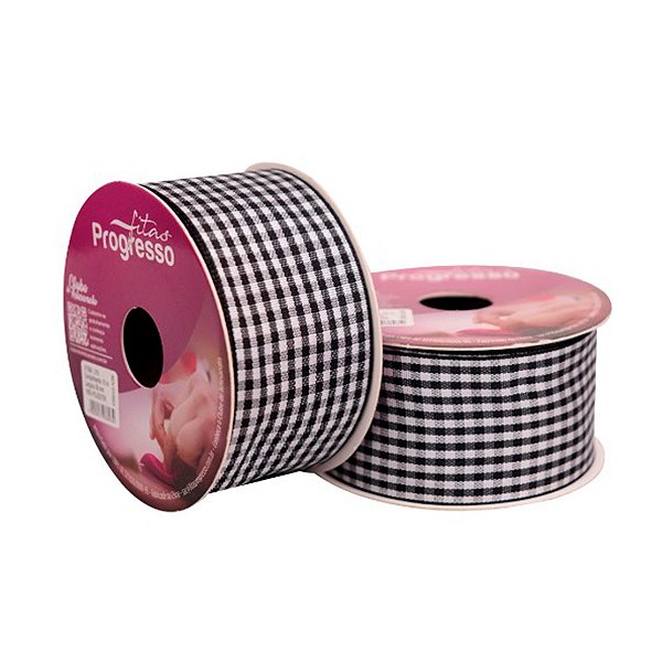 Fita de Cetim 10m x 38mm - Cor 219 - Xadrez Preto - Rolo 10 metros  - 1 unidade - Progresso - Rizzo