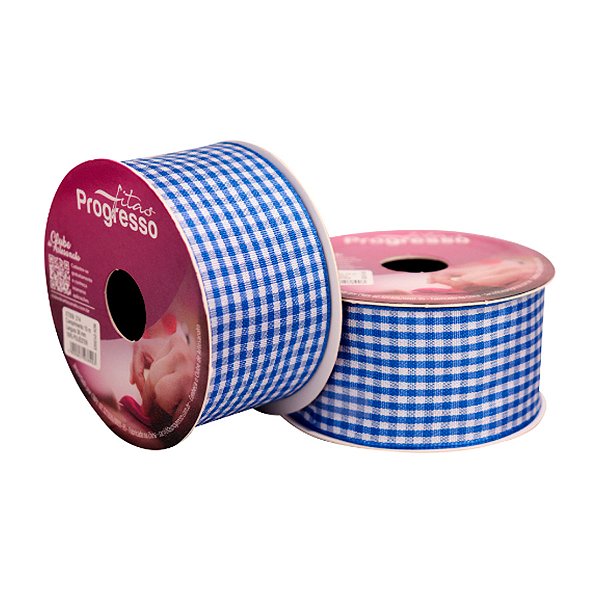Fita de Cetim 10m x 38mm - Cor 214 - Xadrez Azul Royal - Rolo 10 metros  - 1 unidade - Progresso - Rizzo