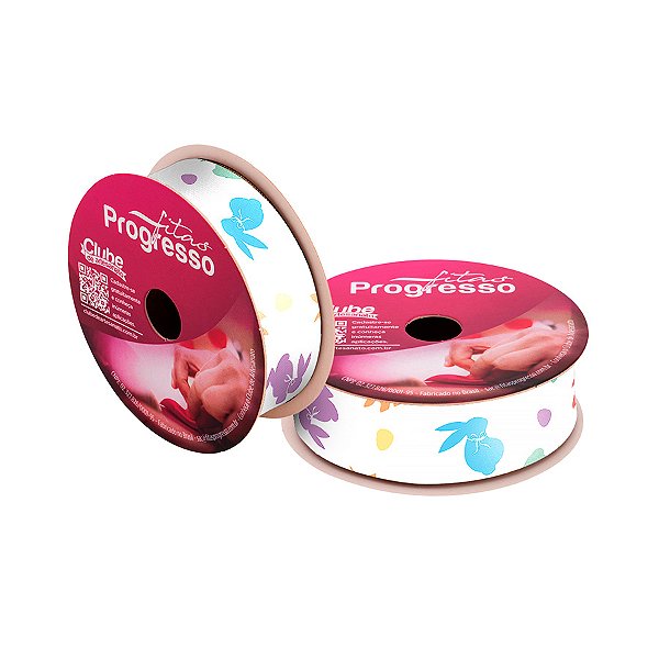 Fita de Cetim 10m x 22mm - Cor 199 - Coelhos Coloridos Branco - Rolo 10 metros  - 1 unidade - Progresso - Rizzo