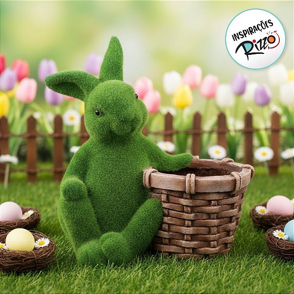 Coelho Decorativo de Grama Sentado Segurando Cesto - Cor Verde e Marrom - 33cm - 1 unidade - Cromus - Rizzo