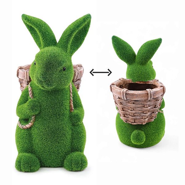 Coelho Decorativo de Grama com Cesto nas Costas - Cor Verde e Marrom - 36cm  - 1 unidade - Cromus - Rizzo