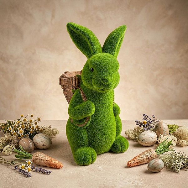 Coelho Decorativo de Grama com Cesto nas Costas - Cor Verde e Marrom - 36cm - 1 unidade - Cromus - Rizzo