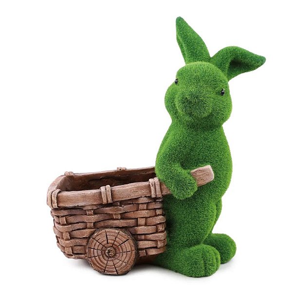Coelho Decorativo de Grama com Carriola - Cor Verde e Marrom - 37cm  - 1 unidade - Cromus - Rizzo