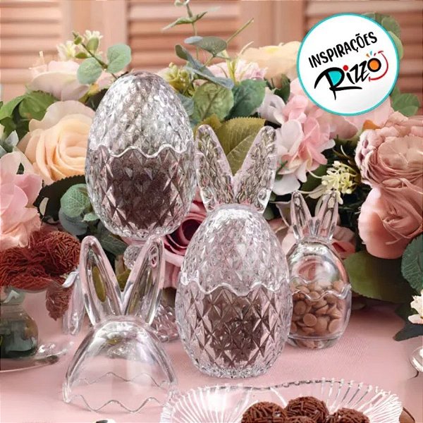 Ovo de Vidro Transparente com Orelha de Coelho - 17cm - 1 unidade - Cromus - Rizzo