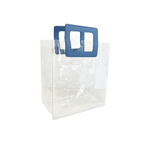 Sacola Transparente PVC com Alça Quadrada de Couro Azul - 20x18x10cm - 1 unidade - Rizzo