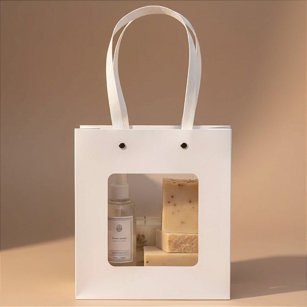 Sacola de Papel com Gaveta e Visor Alça Branca 20x22x9cm - Branca - 1 unidade - Rizzo