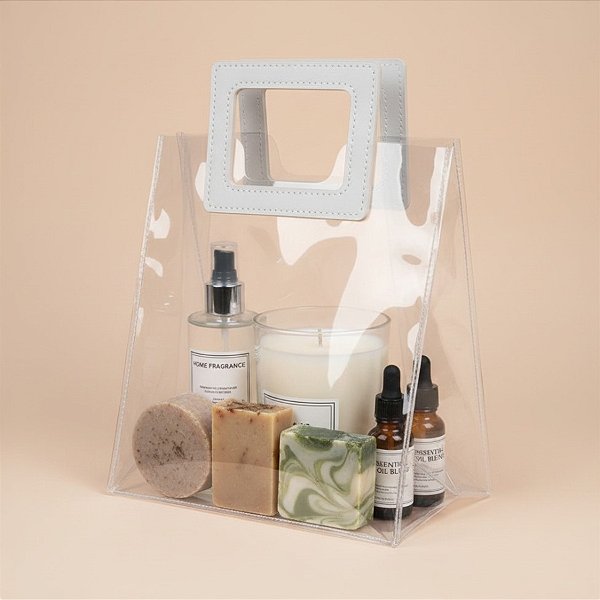 Sacola Transparente PVC com Alça Quadrada de Couro Branco - 26x22x12cm - 10 unidades - Rizzo