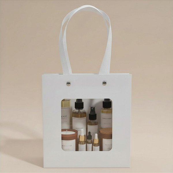 Sacola de Papel com Gaveta e Visor Alça Branca 20x9x22cm - Branca - 10 unidades - Rizzo